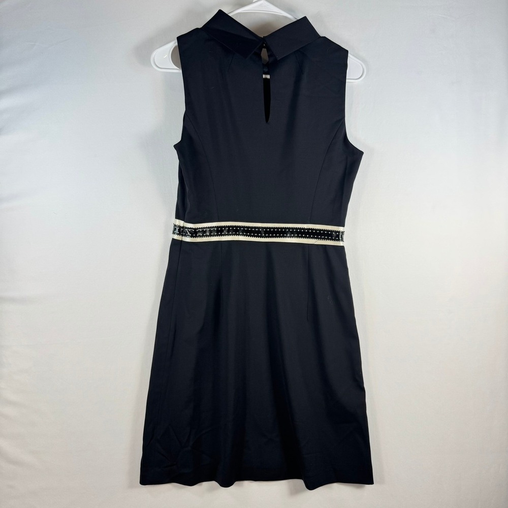 Milly Blk Wool Blend Sleeveless Mock Neck Sheath Dress w/ Perforated Trim Detail - Picture 2 of 7